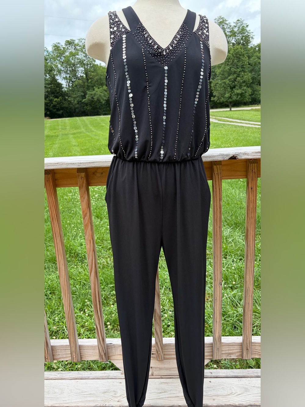 Women's Small Jumpsuit Nicole Miller Black Sleeveless Sequin Rhinestones Beaded